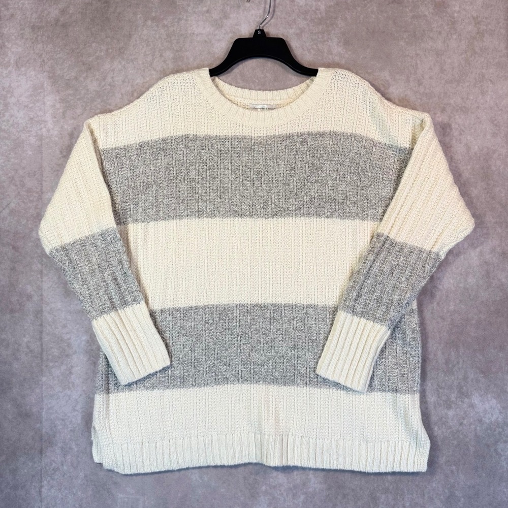 Christopher & Banks Sweater Women XL Cream Grey Striped Crew Neck Relaxed Fit